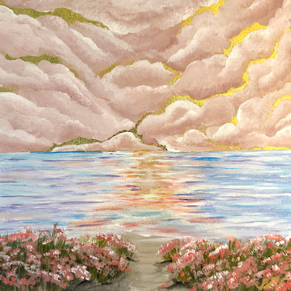 Golden clouds above a calm sea with pink florals