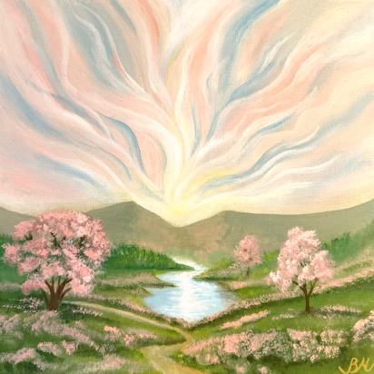 Pink blossom trees in a valley with flowing sky