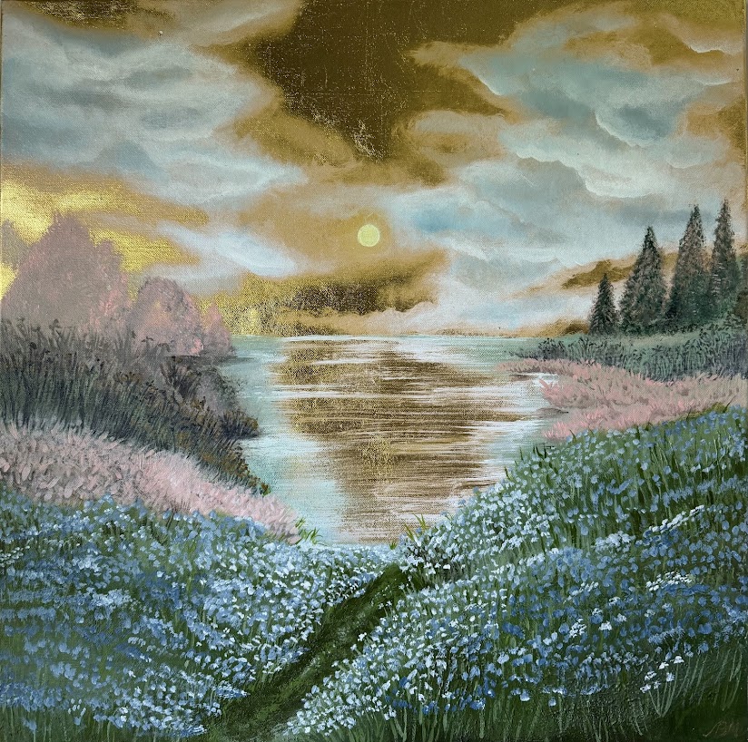 Golden moonrise over a river through wildflower meadows
