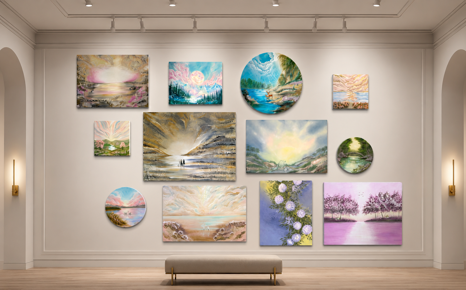 A curated gallery wall of original BM Artistry paintings