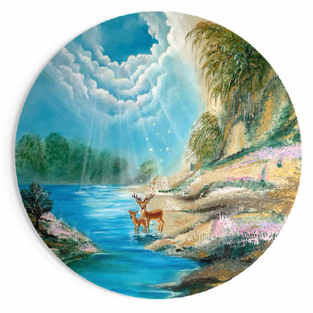 Deer by a turquoise river beneath sunlit clouds